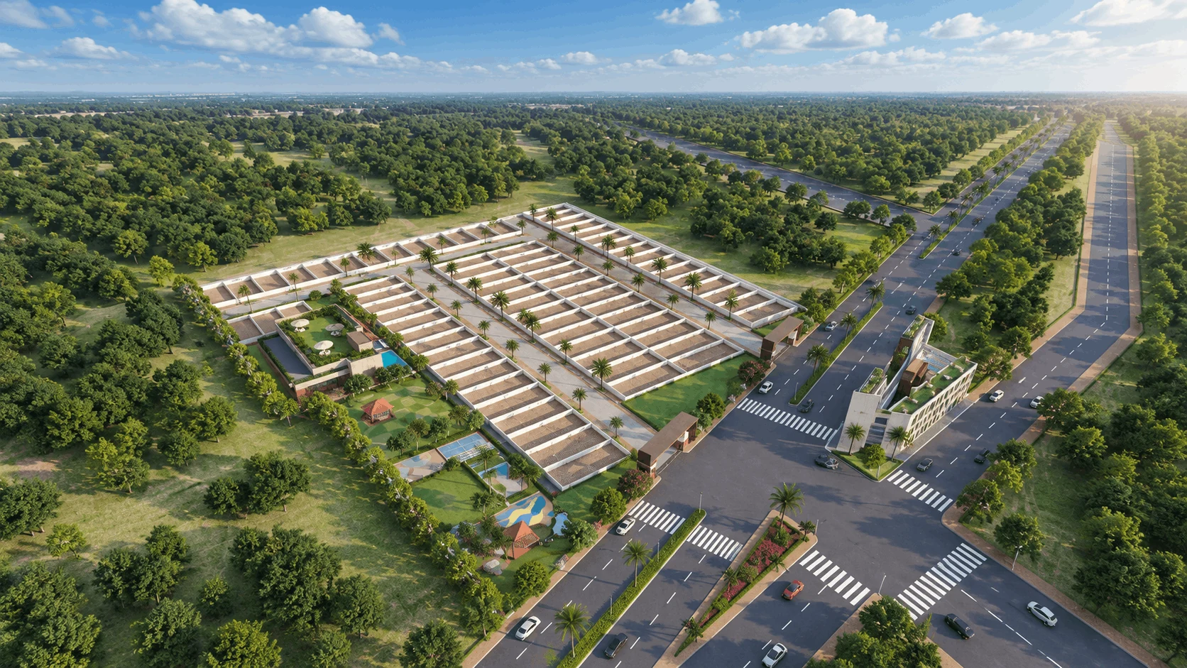 Aerial view of a planned plotted residential community in Sector 5 Sohna with internal roads and amenities
