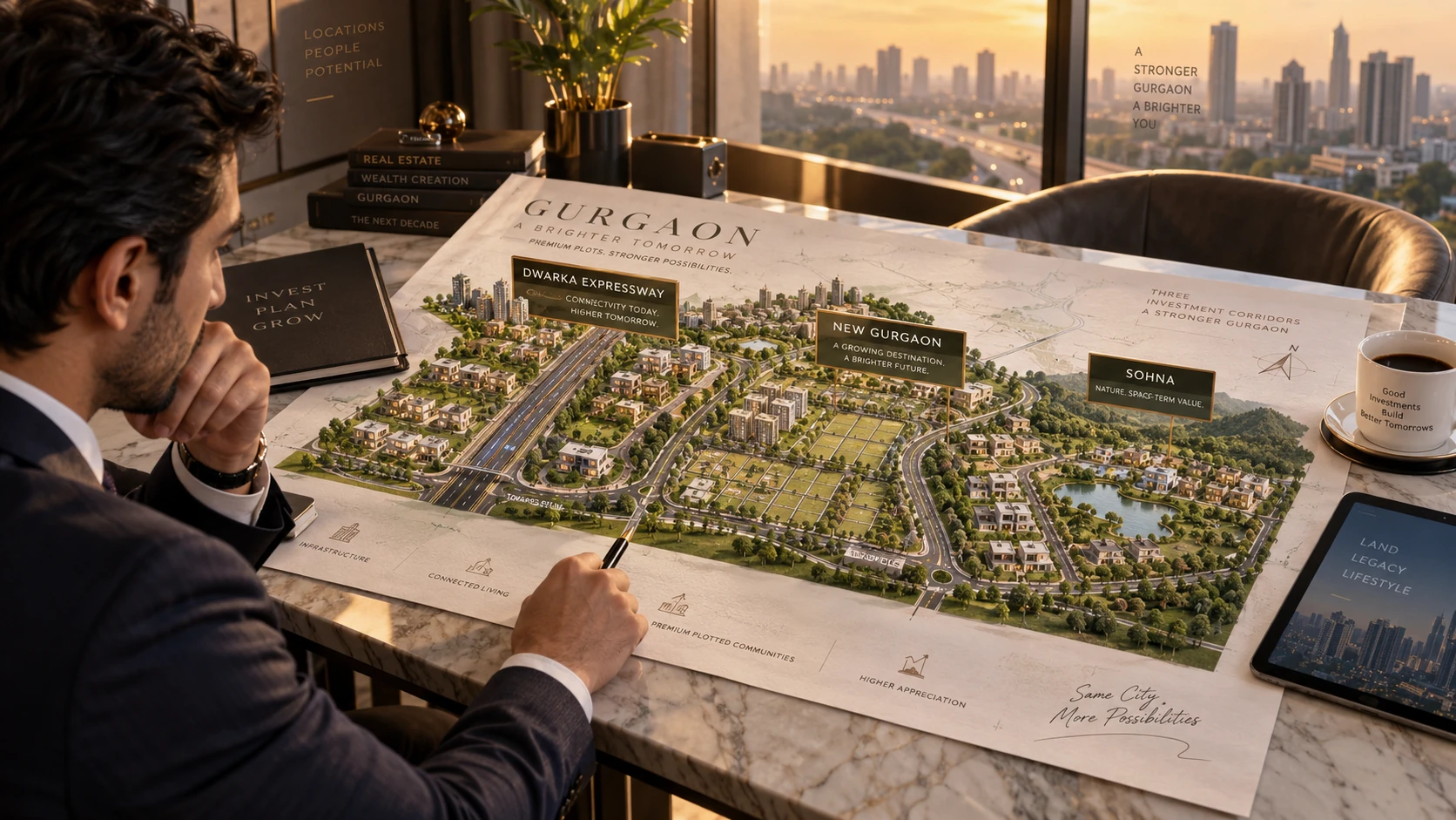 Investor comparing the best plot options for investment in Gurgaon on a 3D planning map