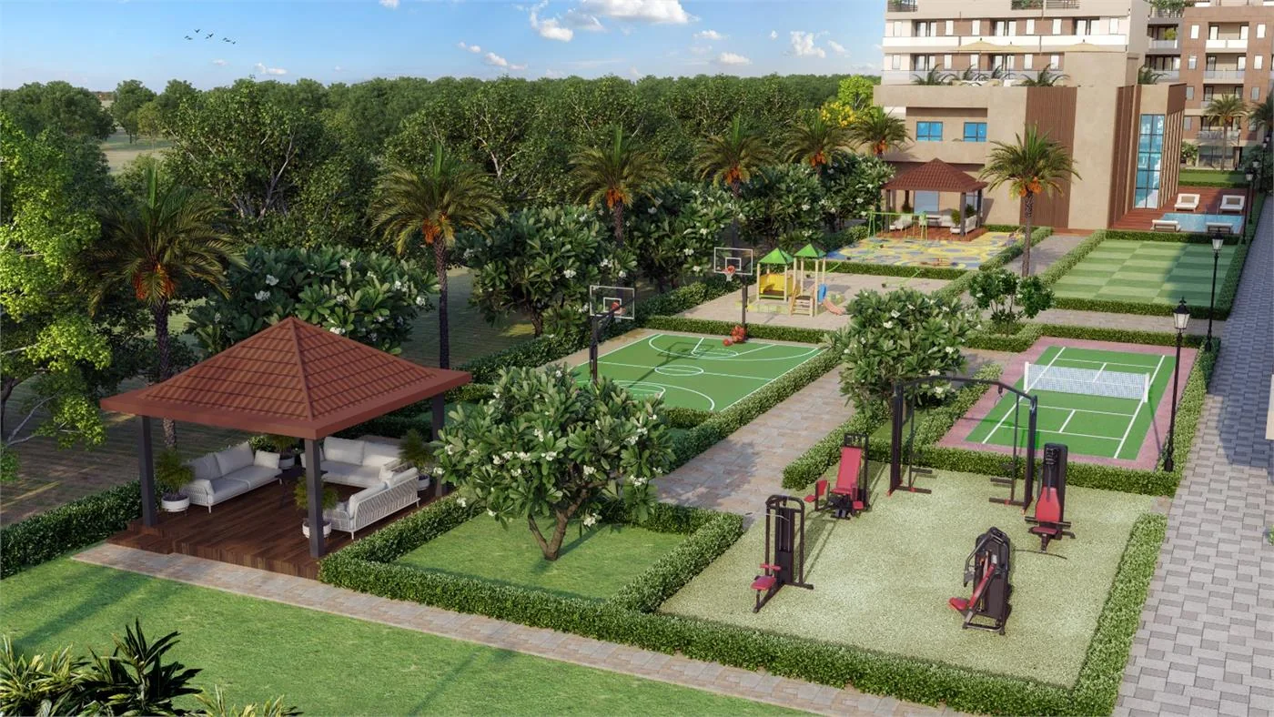 Landscaped sports and recreation amenities in a planned DDJAY plotted community in Sohna