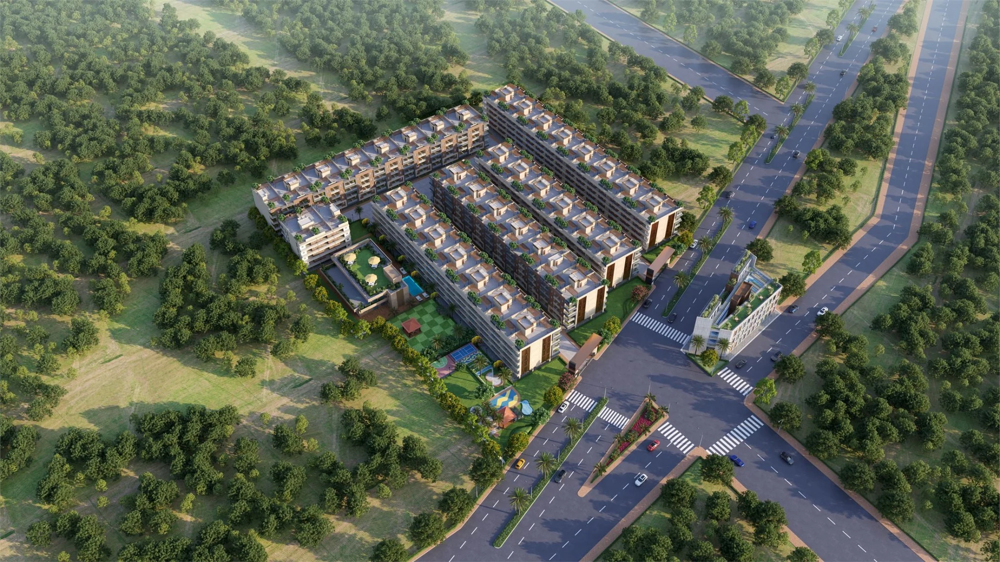Aerial view of a planned residential community and surrounding road network in Sohna