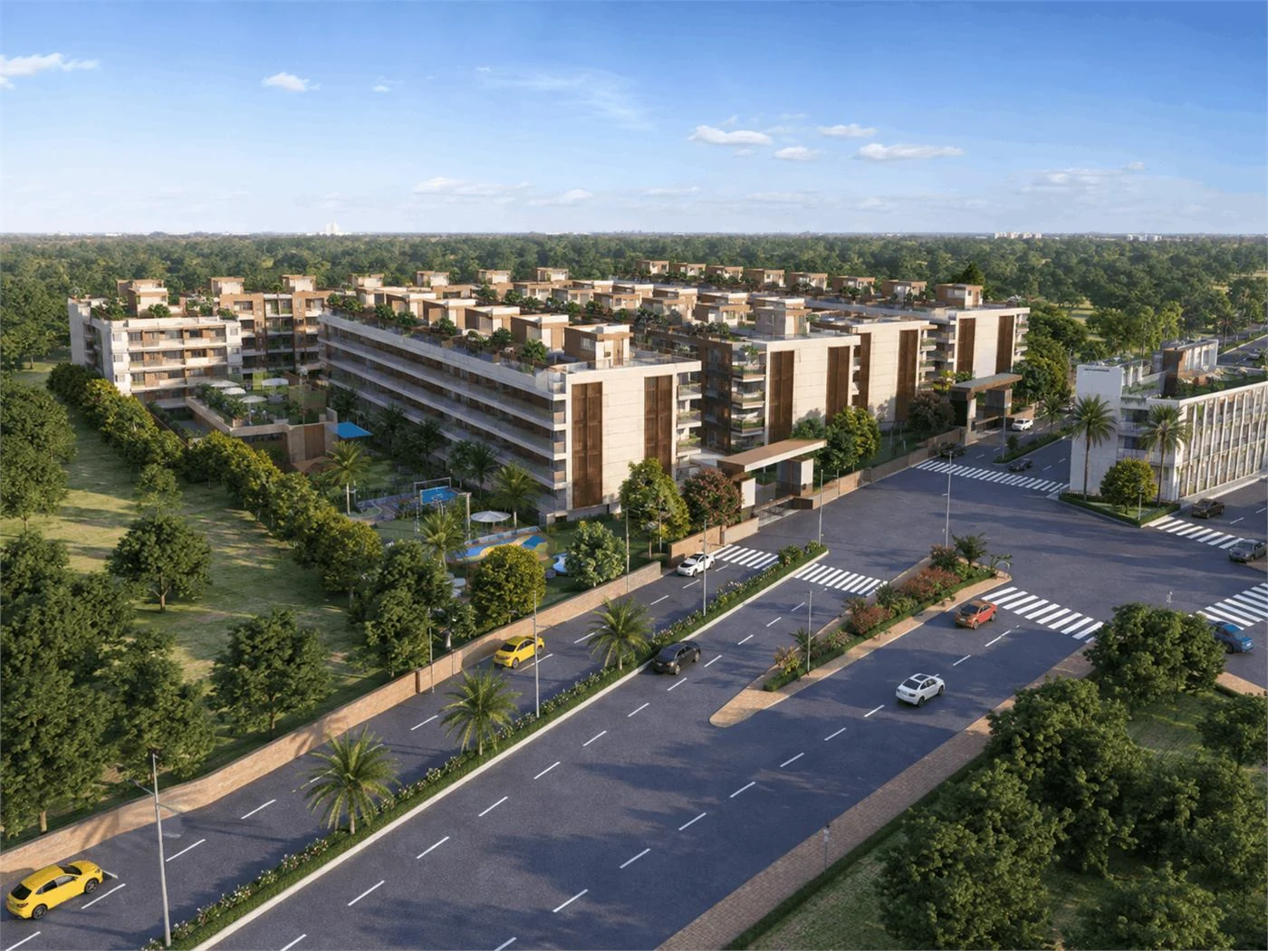 Wide road and landscaped residential community view illustrating planned development in Sohna
